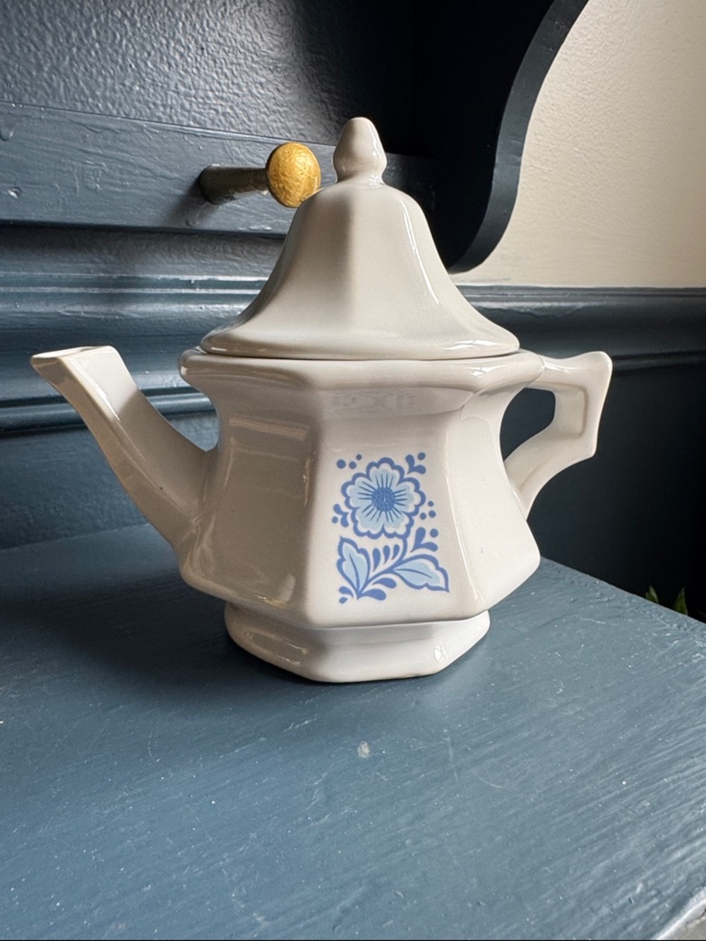 Cream Ceramic Teapot with Blue Floral Motif, vintage ironstone by Avon